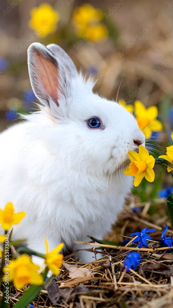 Fototapeta premium White rabbit in spring flowers