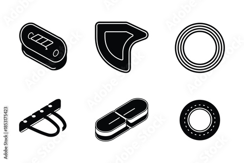 Black industrial gaskets and mechanical part icons set