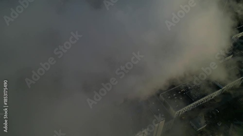 Plant chimney emitting smoke, global climate change. Best aerial view drone