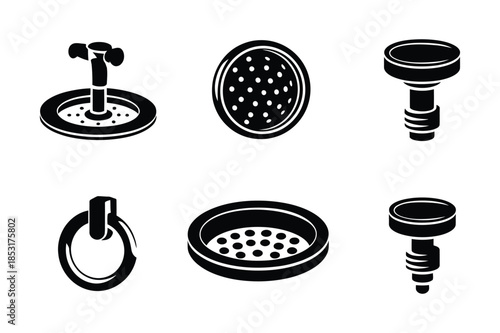 Plumbing fixture icons including sink drains and handles