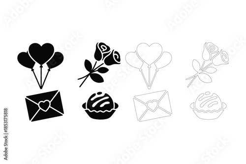 Romantic icons with hearts roses and candy in two styles