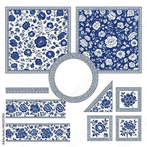 Blue and white porcelain floral patterns set