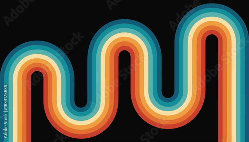 Vibrant Retro 1970s Style Wavy Stripes Abstract Background on Black vintage