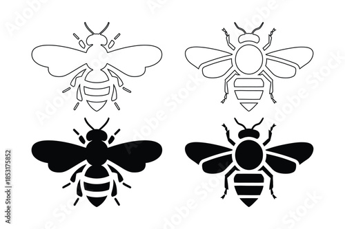 Honey bee and bumblebee silhouettes in outline and solid styles