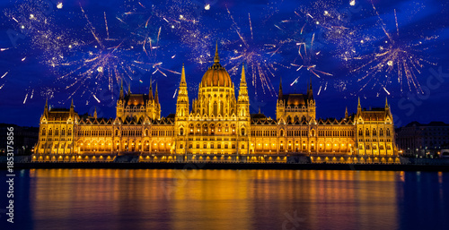 fireworks display over parliament New Year celebrations in Budapest