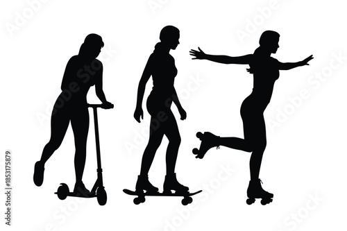 Silhouettes of women riding scooter skateboard and roller skates