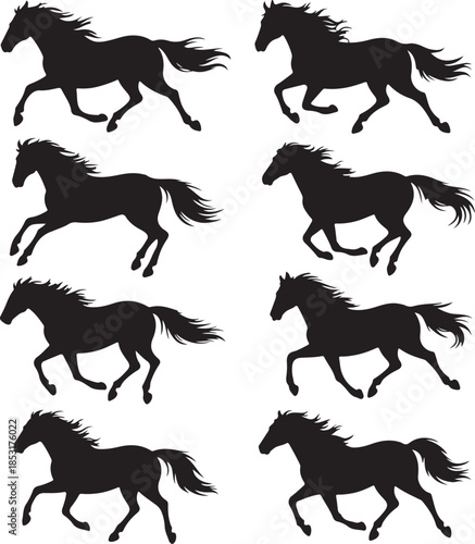 Silhouette set of running horses in various dynamic poses on a white background Keywords: horse, running, silhouette, equestrian, animal, wildlife, motion, speed, freedom, power, grace, gallop