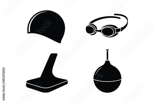 Swimming equipment silhouettes with cap goggles and kickboard