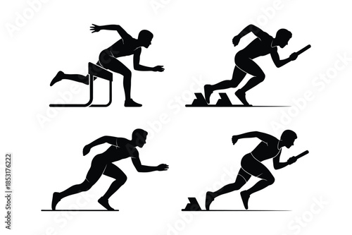 Track and field sprinter silhouettes at start and hurdles