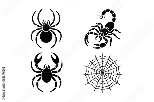 Spider Scorpion and Crab Silhouette Vector Set with Web