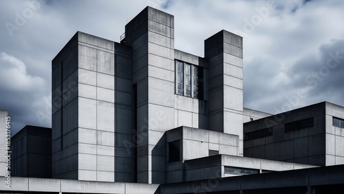 Brutalist Architecture Building Facade Under Dramatic Cloudy Sky.
