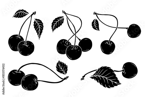 Collection of summer cherry berry silhouettes, simple fruit stamps. Vector graphics.