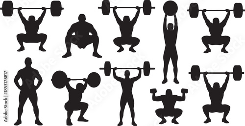 Silhouette set of weightlifting and squatting figures with barbells and dumbbells Keywords: weightlifting, squatting, fitness, exercise, strength training, bodybuilding, silhouette, man, athlete