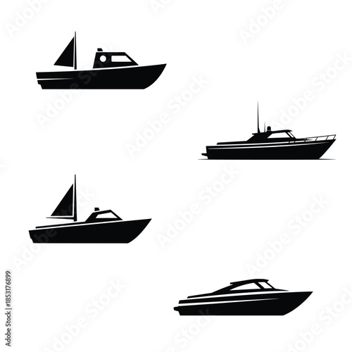 Boat and Yacht Silhouette Vector Set: Collection of Black Sailboat, Speedboat, and Ship Icons on White Background