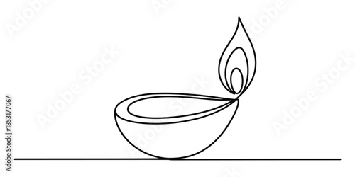 A single line drawing of a diya, an oil lamp lit during diwali Vector, illustration