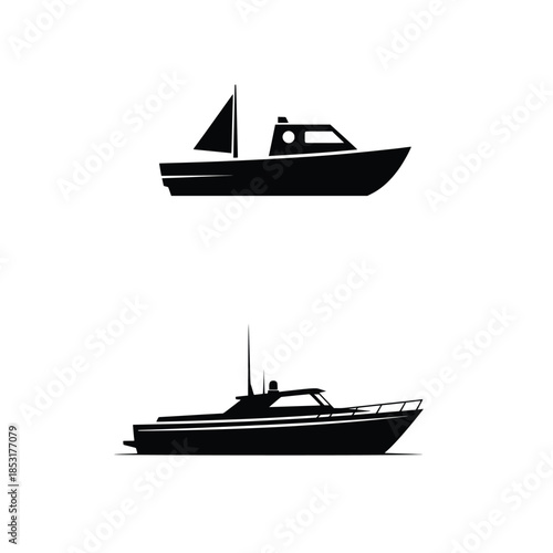 Boat and Yacht Silhouette Vector Set: Collection of Black Sailboat, Speedboat, and Ship Icons on White Background