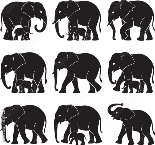 Silhouettes of Adult and Baby Elephants in Various Poses on White Background Keywords: elephant, baby elephant, adult elephant, animal, wildlife, mammal, herd, family, mother and child, nature