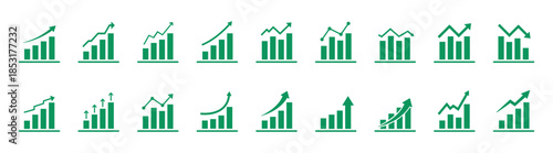 Growth icon set with arrows up and growing charts. Showing business performance, gain, improvement and development. Vector illustration isolated on transparent background.