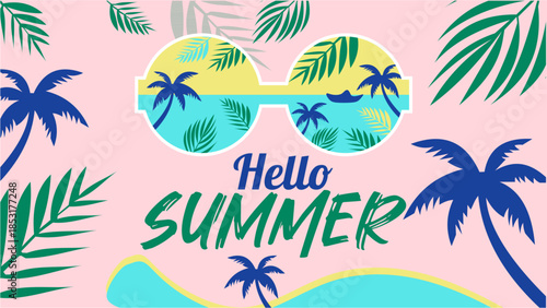 Hello Summer Tropical Beach Scene with Sunglasses and Palm Trees