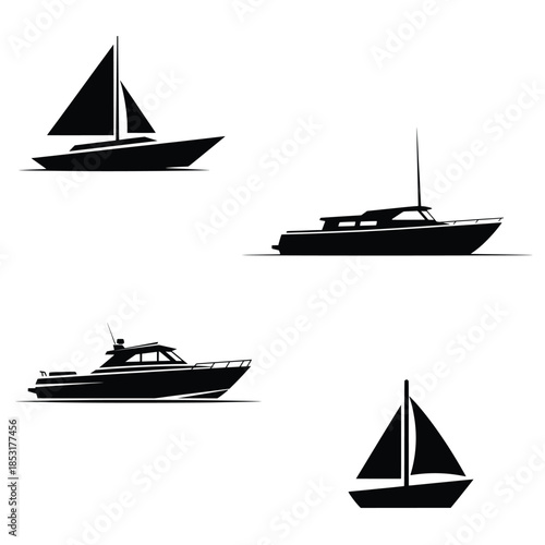 Boat and Yacht Silhouette Vector Set: Collection of Black Sailboat, Speedboat, and Ship Icons on White Background