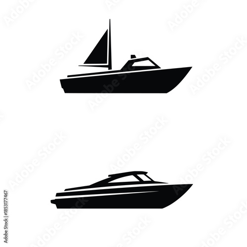 Boat and Yacht Silhouette Vector Set: Collection of Black Sailboat, Speedboat, and Ship Icons on White Background