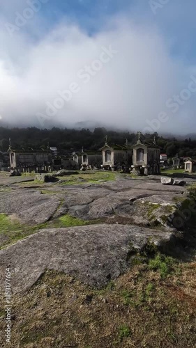 Traditional Granaries of Lindoso, Portugal on a Foggy Day