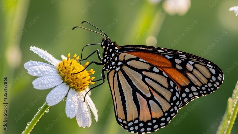 Obraz premium Monarch butterfly feeding on a white flower with dew drops.