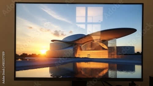 Modern Architectural Masterpiece at Sunset with Reflective Water.