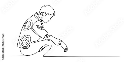 Continuous line art of a crouching person contemplating their thoughts in a minimalist style Vector, illustration