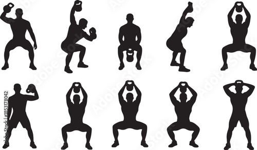 Silhouettes of men performing kettlebell exercises and squats on a white background fitness workout