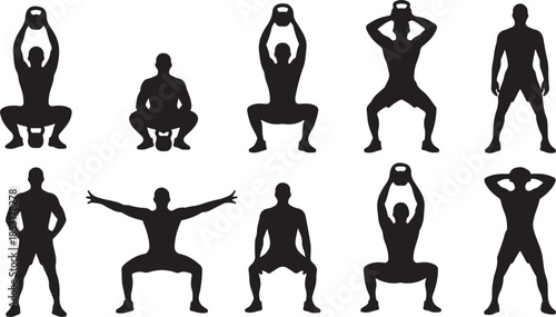 Silhouettes of men performing various fitness exercises with weights on a white background workout