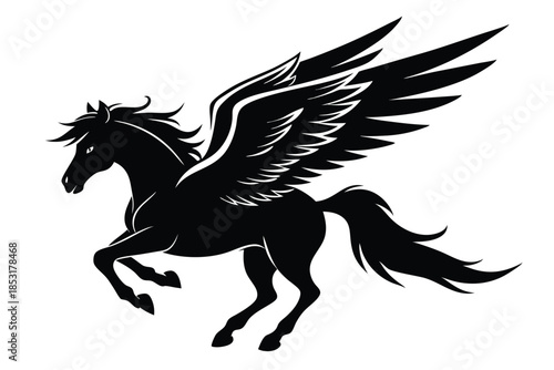 flying winged horse line art silhouette vector illustration