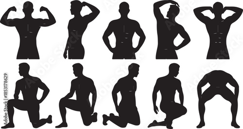 Silhouettes of muscular men posing and performing lunges on a white background bodybuilder male