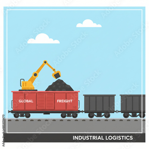 Industrial Logistics Concept Illustration of Global Freight Train with Crane Loading Coal or Raw Materials into Cargo Wagons for Supply Chain and International Trade
