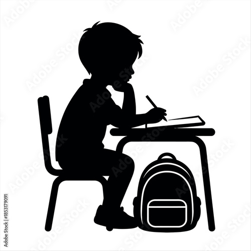 Child sitting at a desk writing with a backpack Vector