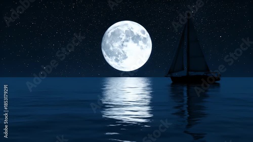 Sailboat on the ocean at night with a full moon reflection.