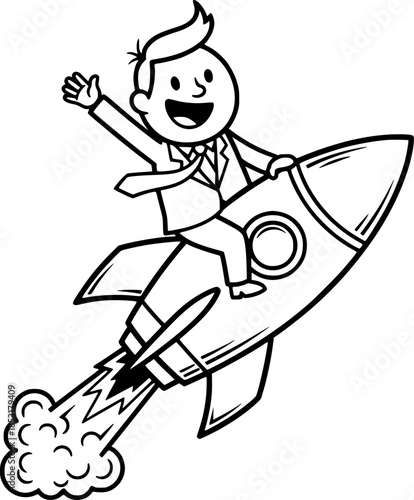 black and white cartoon business man riding rocket symbolizing startup growth innovation success and future vision concept illustration