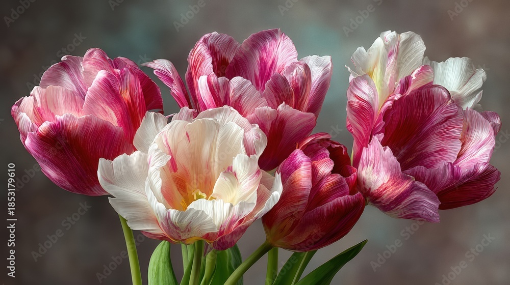 Obraz premium Delicate Tulips Bloom in Shades of Pink, Red, and White, Creating a Beautiful Floral Greeting Card Design For any Occasion, Perfect for Spring