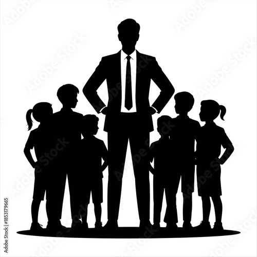 Leader standing with team members in silhouette Vector