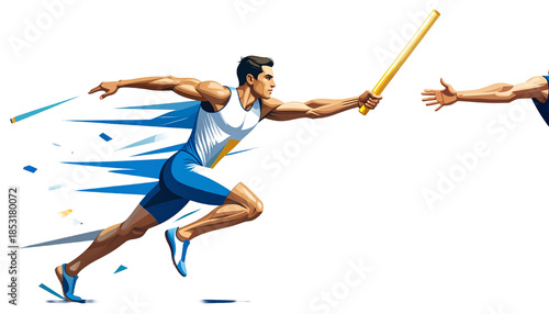 Abstract illustration of a relay race runner passing the baton on white background