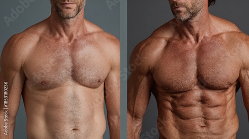 Man's physique transformation displaying improved muscle tone and definition, showcasing progress and physical fitness results over time