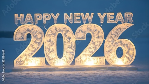 Illuminated Happy New Year 2026 Ice Sculpture in Winter Landscape at Dusk