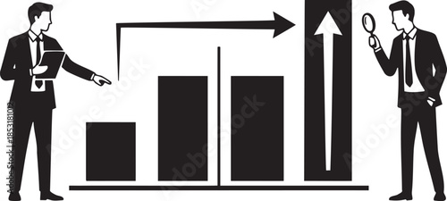Two businessmen analyze rising bar graph with magnifying glass and pointing finger businessman