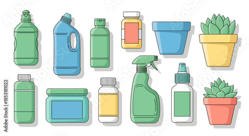 Assorted cleaning supplies and potted plants illustration.