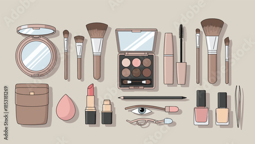 Top-down view of various makeup and beauty products arranged neatly, including an eyeshadow palette, brushes, lipstick, mascara, and nail polish.