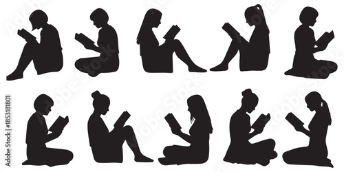 Reading silhouettes of diverse people with books Vector
