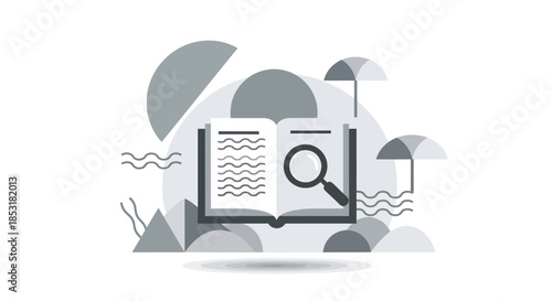 Open book with magnifying glass, abstract shapes, research concept.