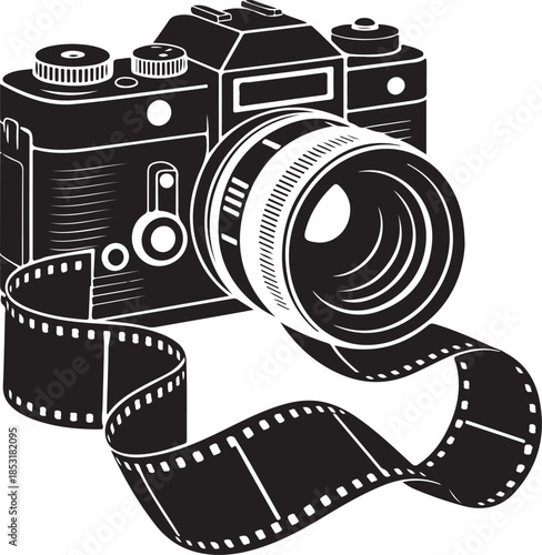 Vintage Camera and Film Strip Silhouette with White Background Keywords: camera, vintage camera, film, film strip, photography, photographer, retro, old camera, analog, roll of film, movie, cinema