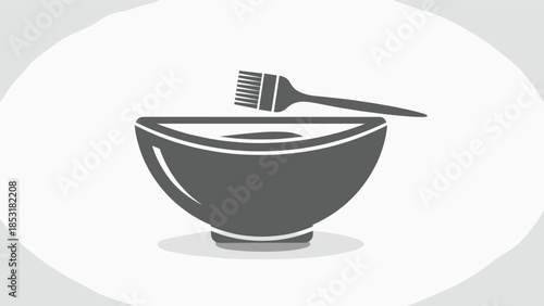 A gray silhouette icon of a mixing bowl and applicator brush, a set of tools used for preparing hair dye or face masks.