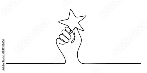 Continuous line drawing of a hand holding a star, symbolizing success and achievement Vector, illustration